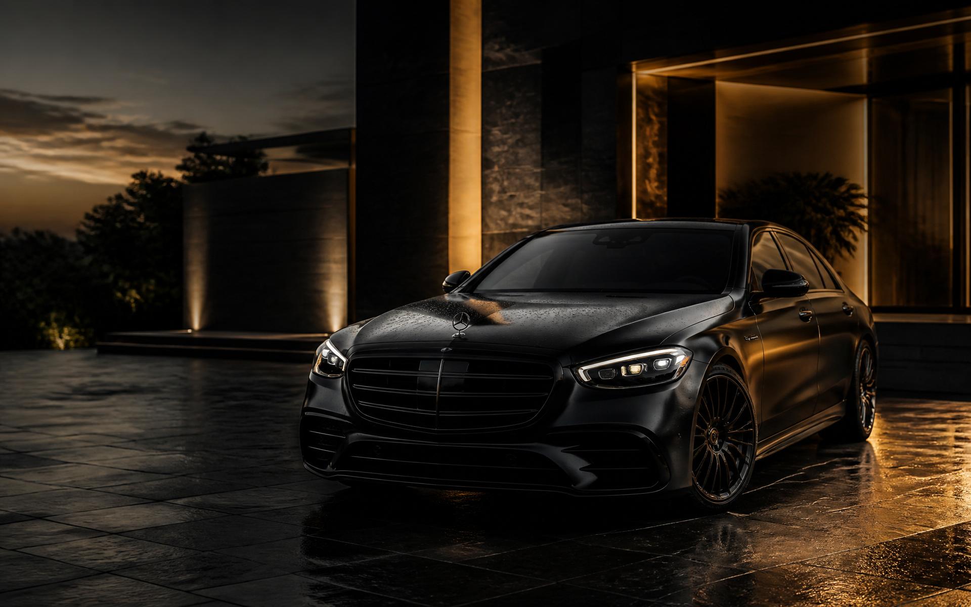 Immaculate black luxury vehicle in a modern upscale driveway